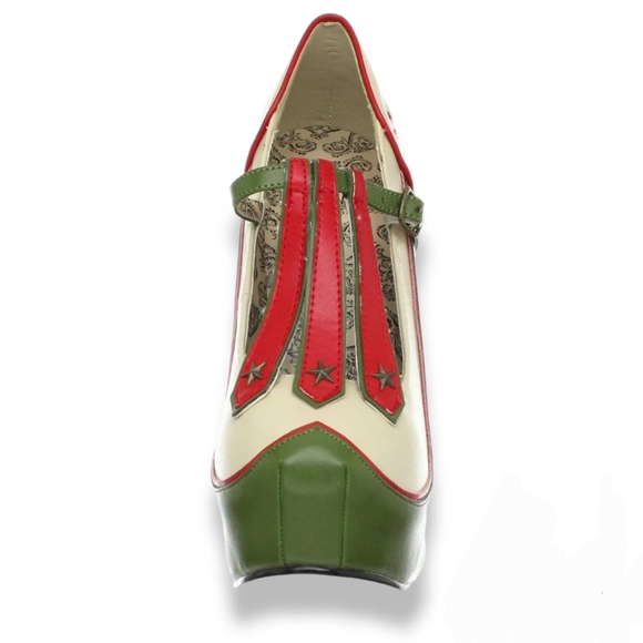 Pleaser Bordello TEEZE-43, cream, red, green, concealed platform, military theme - Picture 4 of 10